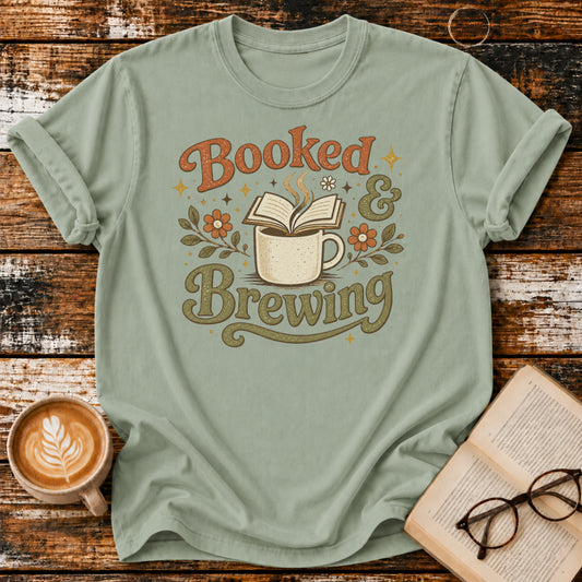 Booked & Brewing Vintage T-Shirt | Book Lover Coffee Tee | Cozy Reader Shirt