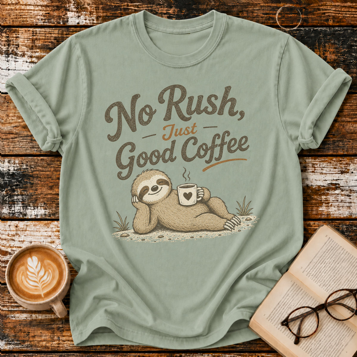 No Rush, Just Good Coffee Sloth Vintage T-Shirt | Funny Coffee Lover Tee | Slow Living Shirt