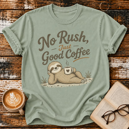 No Rush, Just Good Coffee Sloth Vintage T-Shirt | Funny Coffee Lover Tee | Slow Living Shirt