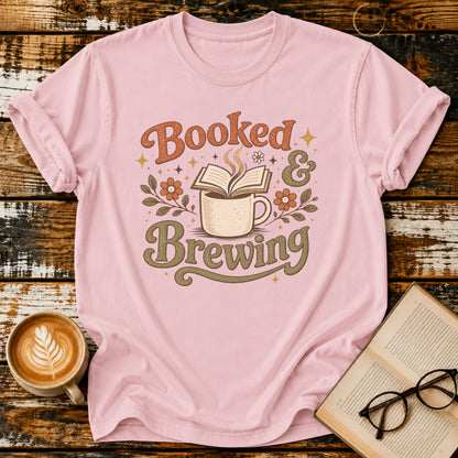 Booked & Brewing Vintage T-Shirt | Book Lover Coffee Tee | Cozy Reader Shirt