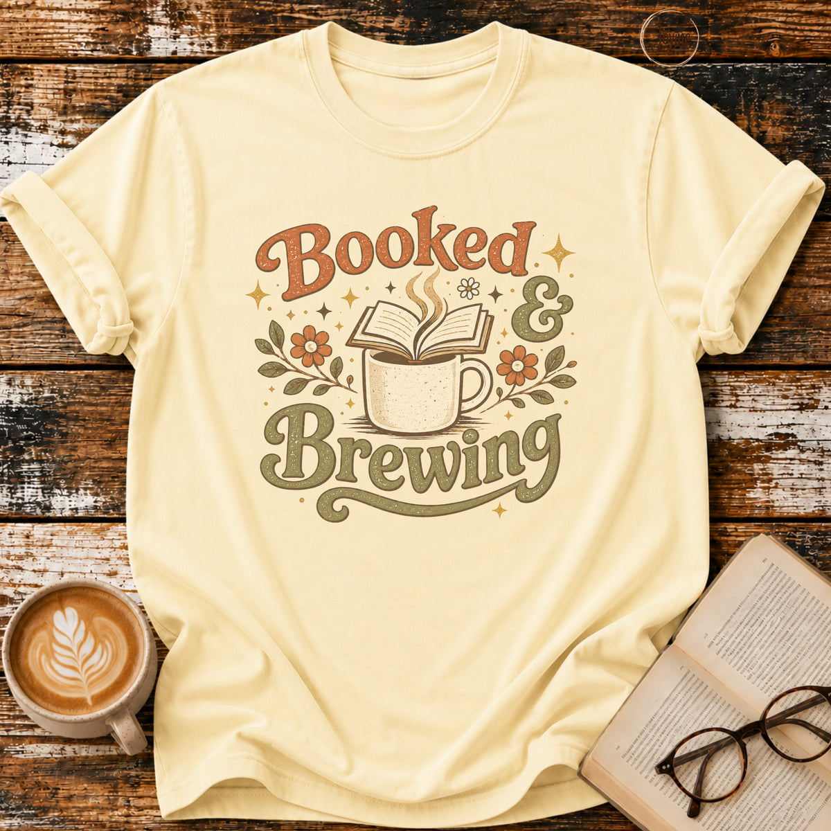 Booked & Brewing Vintage T-Shirt | Book Lover Coffee Tee | Cozy Reader Shirt