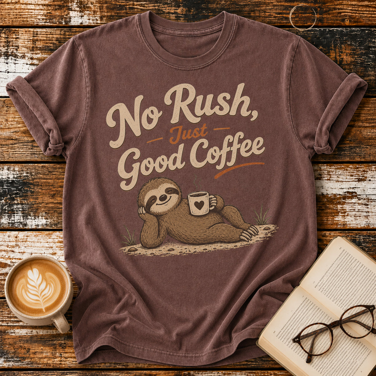 No Rush, Just Good Coffee Sloth Vintage T-Shirt | Funny Coffee Lover Tee | Slow Living Shirt