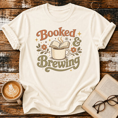 Booked & Brewing Vintage T-Shirt | Book Lover Coffee Tee | Cozy Reader Shirt
