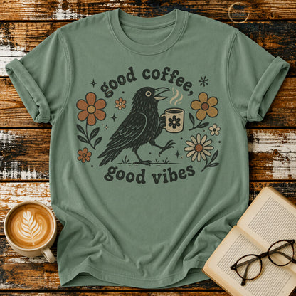 Good Coffee Good Vibes Vintage T-Shirt | Coffee Lover Crow Tee | Retro Floral Graphic Shirt