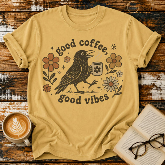 Good Coffee Good Vibes Vintage T-Shirt | Coffee Lover Crow Tee | Retro Floral Graphic Shirt