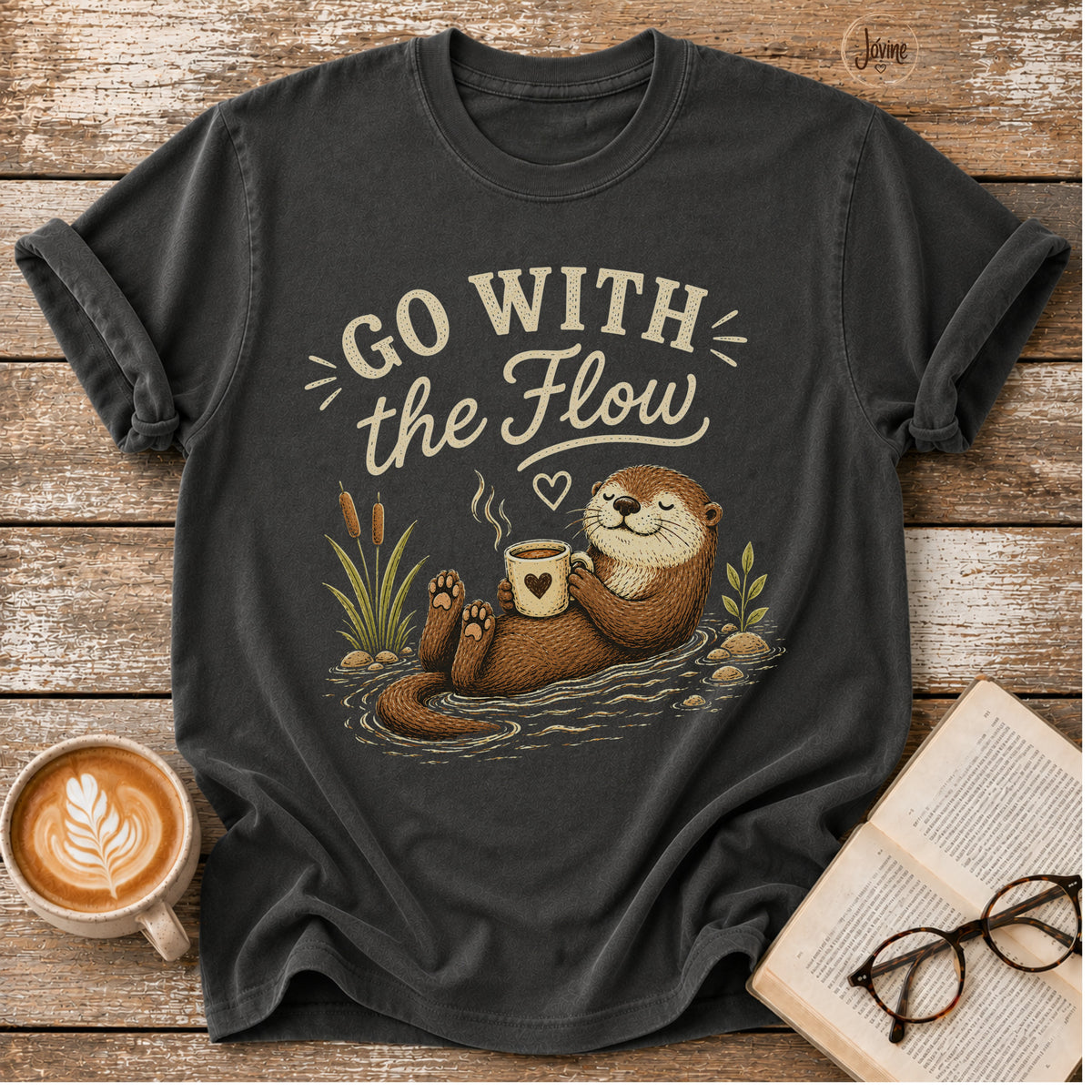 Go With the Flow Otters Vintage T-Shirt | Funny Coffee Lover Tee | Slow Living Shirt