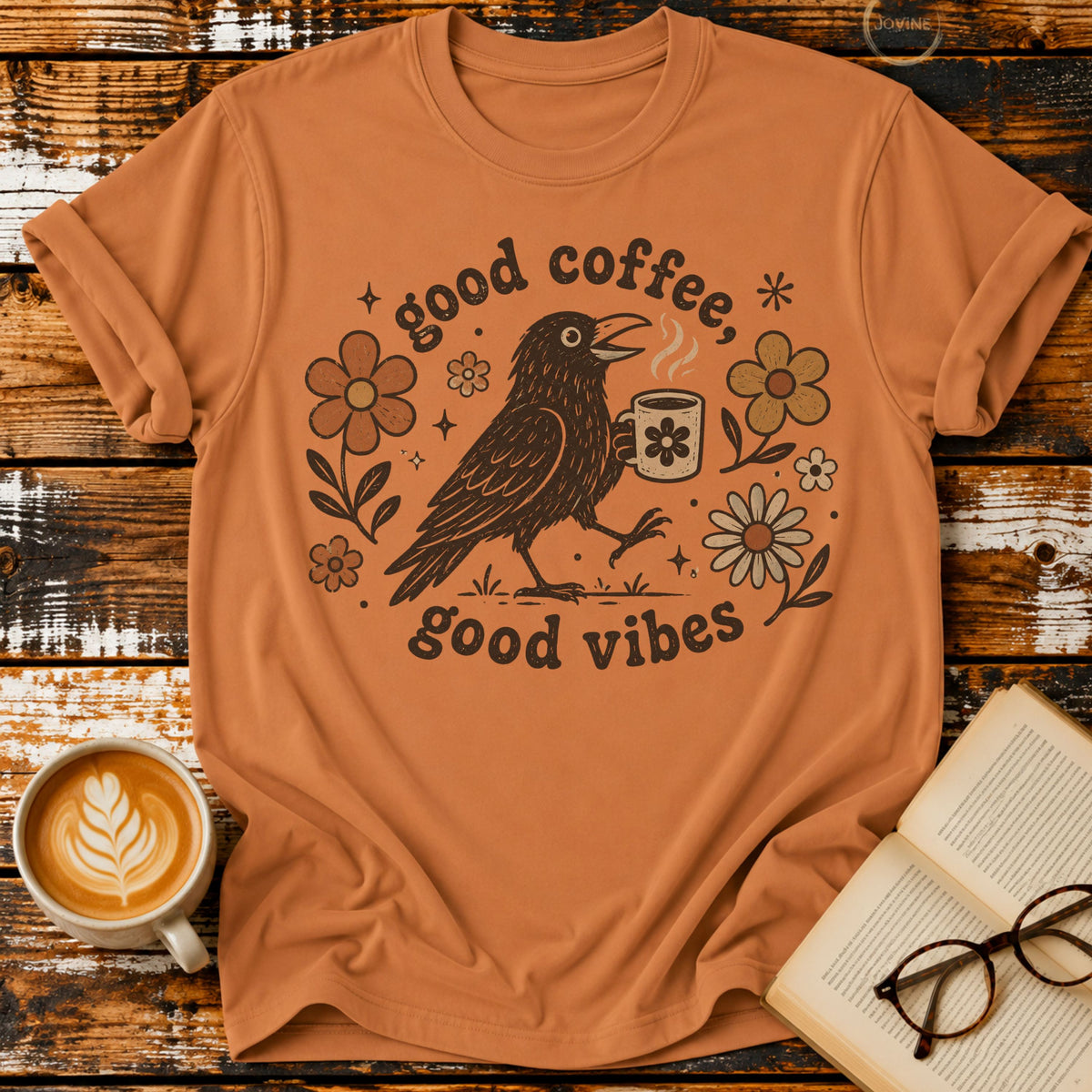 Good Coffee Good Vibes Vintage T-Shirt | Coffee Lover Crow Tee | Retro Floral Graphic Shirt