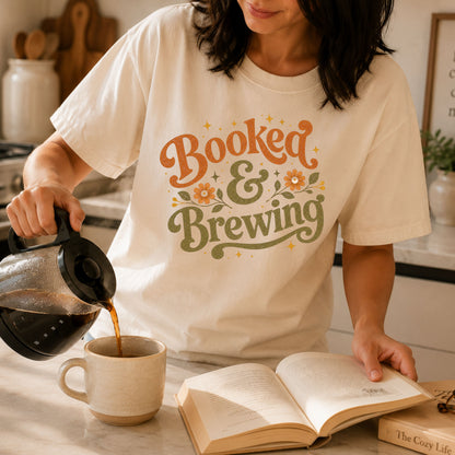 Booked & Brewing Vintage T-Shirt | Book Lover Coffee Tee | Cozy Reader Shirt