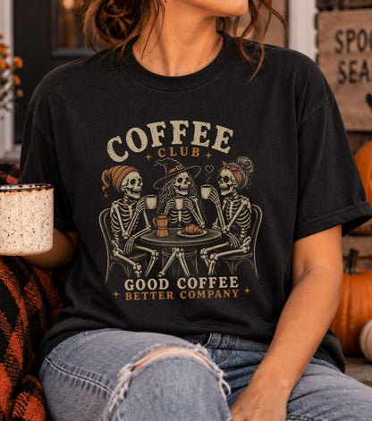 Coffee Club Vintage T-Shirt | Funny Skeleton Coffee Tee | Spooky Coffee Lover Graphic Shirt
